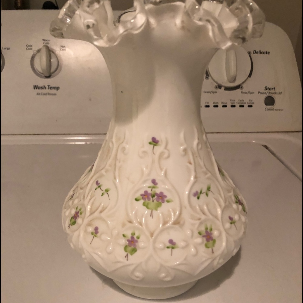 Vintage Fenton Milk Glass White Silver Crest Vase Hand Painted Flowers Purple.